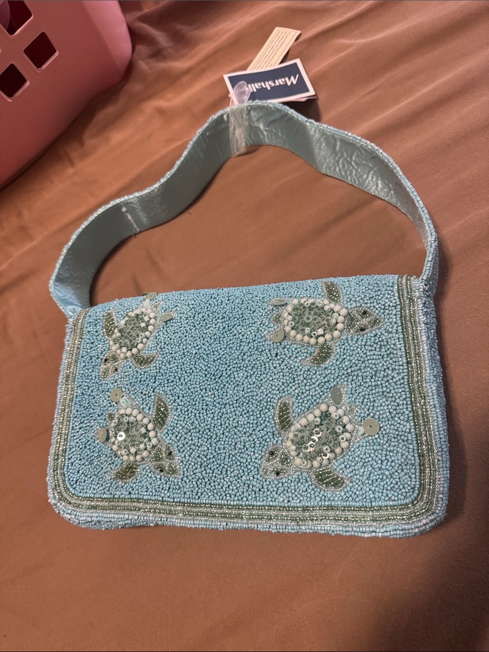 Beaded Light Blue Turtle Appliqué Shoulder Bag - Picture 4 of 4